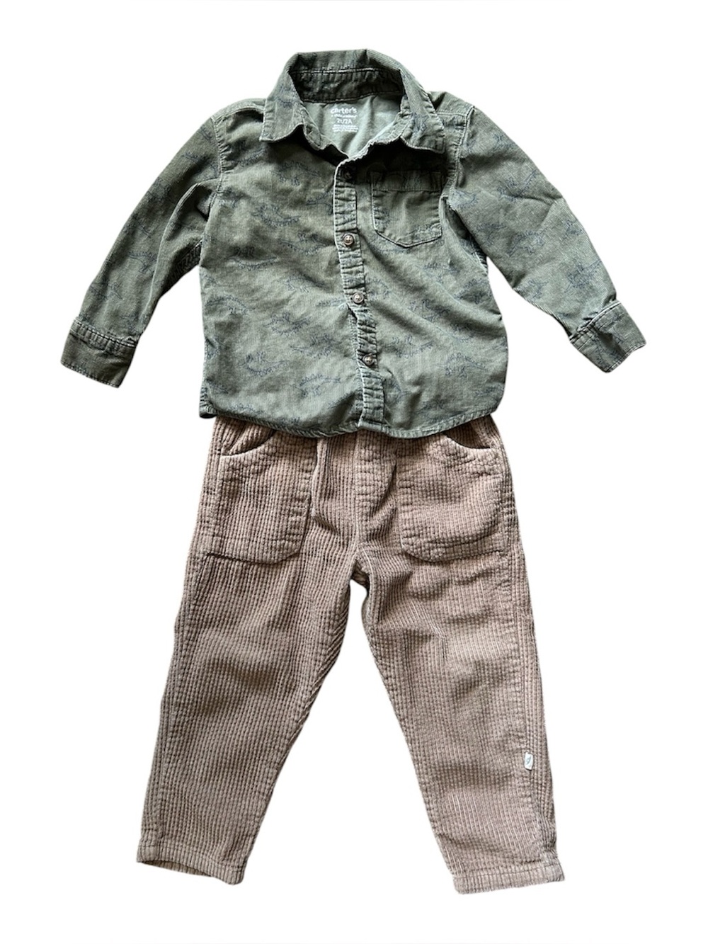 Carter's Olive Green Shirt and Tan Corduroy Pants Kids Matching Set